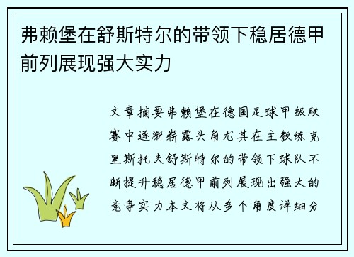 弗赖堡在舒斯特尔的带领下稳居德甲前列展现强大实力