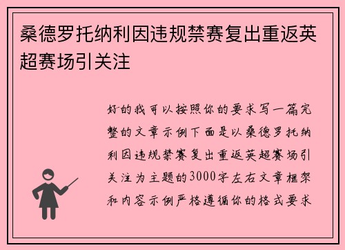 桑德罗托纳利因违规禁赛复出重返英超赛场引关注
